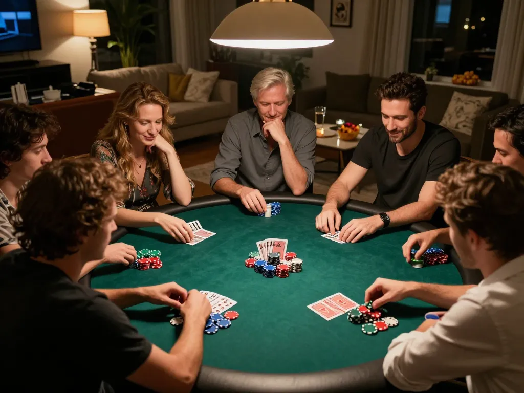 Players enjoying a strategic poker game at home, showcasing a lively atmosphere around nhà cái lv88.