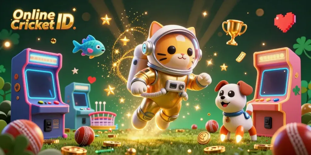 Experience the thrill of Online Cricket ID with a vibrant illustration of an astronaut cat and robot dog amidst sports betting elements.