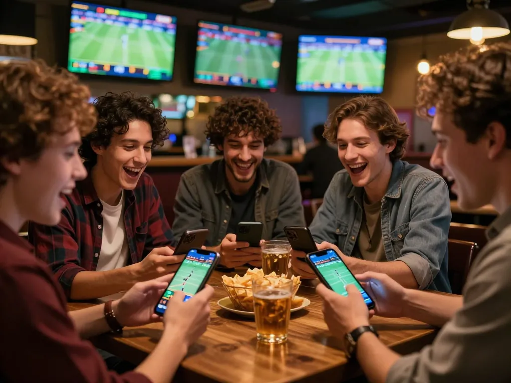 Friends engaging in sports betting at FIVE88 on their smartphones in a vibrant sports bar.