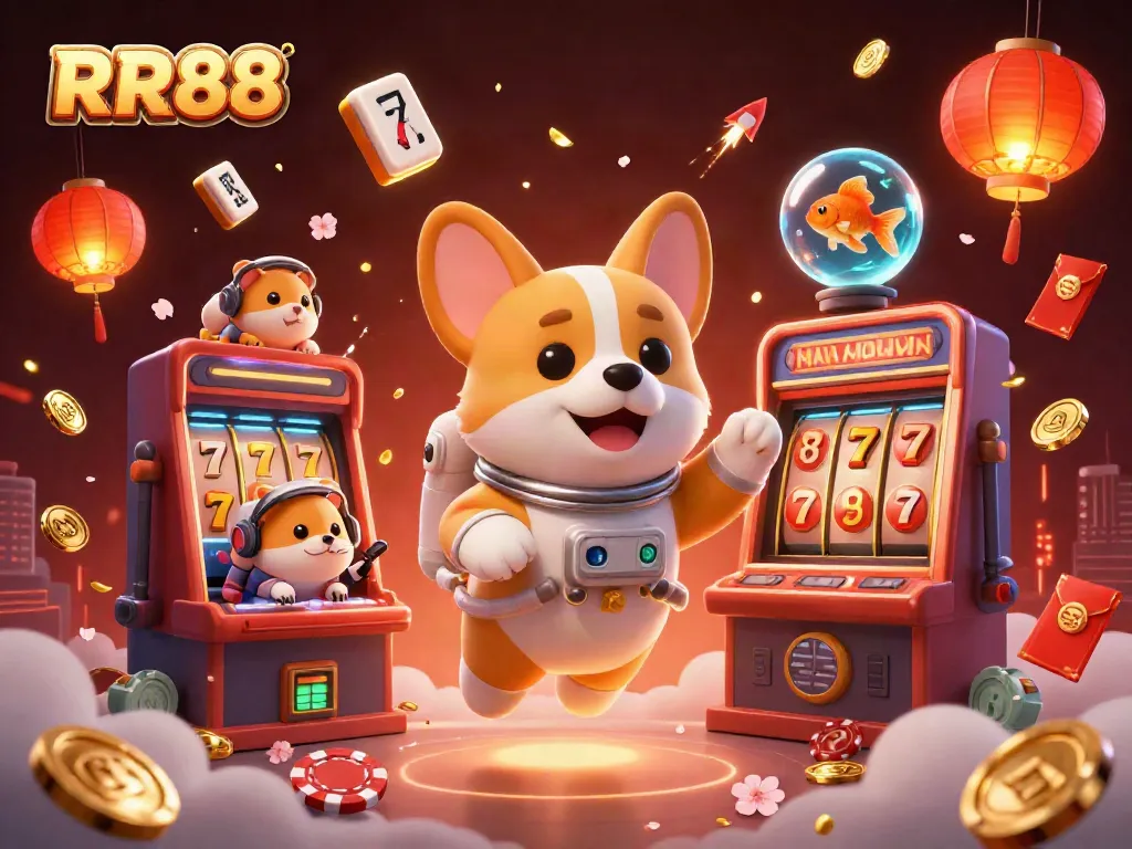 Experience the excitement of RR88 in a vibrant casino scene featuring an astronaut corgi and more.