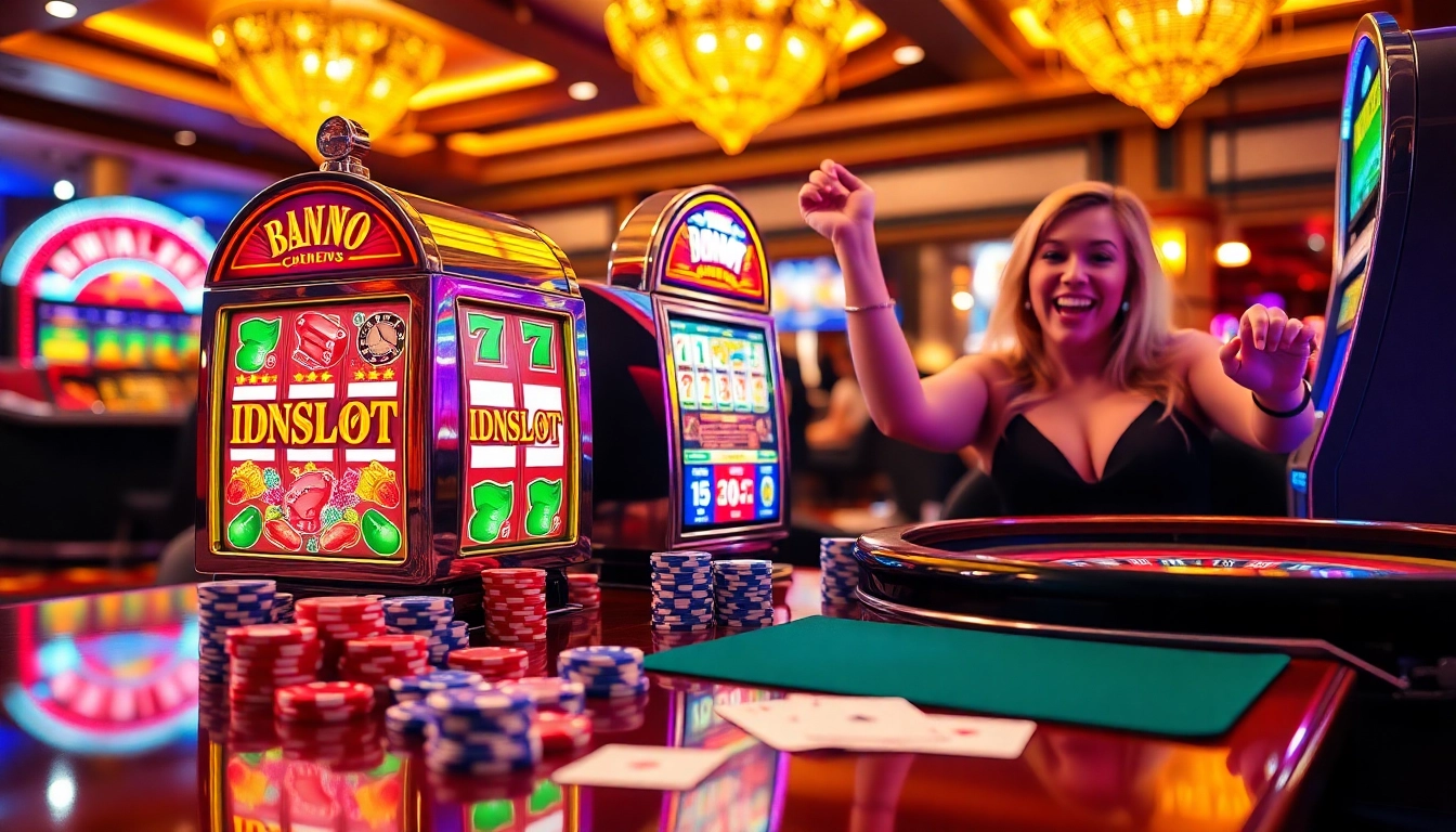 Experience the thrill of gaming with IDNSLOT at a luxurious casino setup, showcasing slot machines and betting activity.