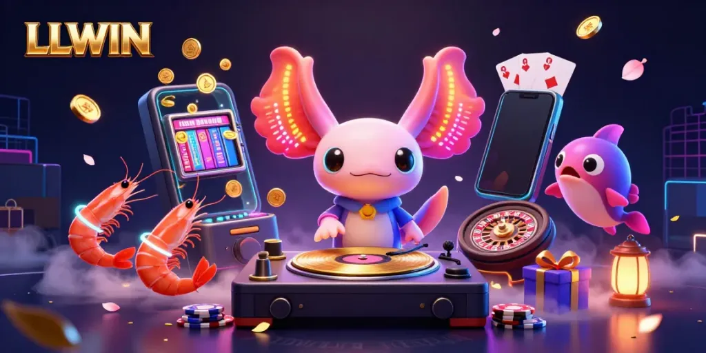 Experience the vibrant LLWIN gaming world with a neon axolotl DJ and dynamic game elements.