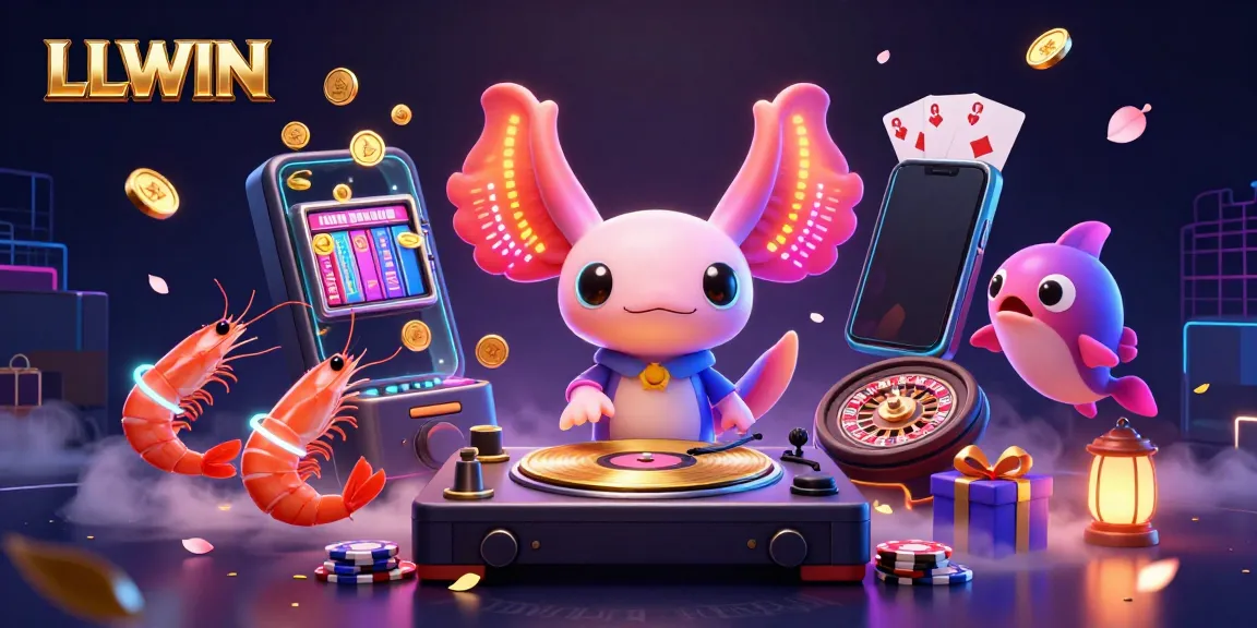 Experience the vibrant LLWIN gaming world with a neon axolotl DJ and dynamic game elements.
