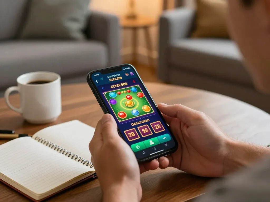 Player engaging with AZTEC888 mobile app for online gambling in a cozy living room