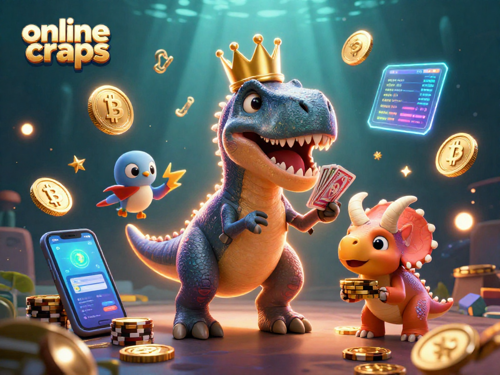 Play online craps with vibrant characters and crypto elements in a lively casino scene.