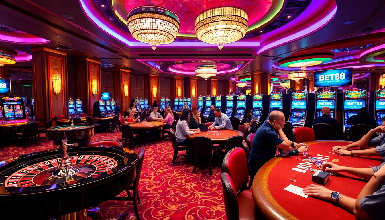 Players enjoying an engaging casino experience with BET88 branding and vibrant gaming elements.