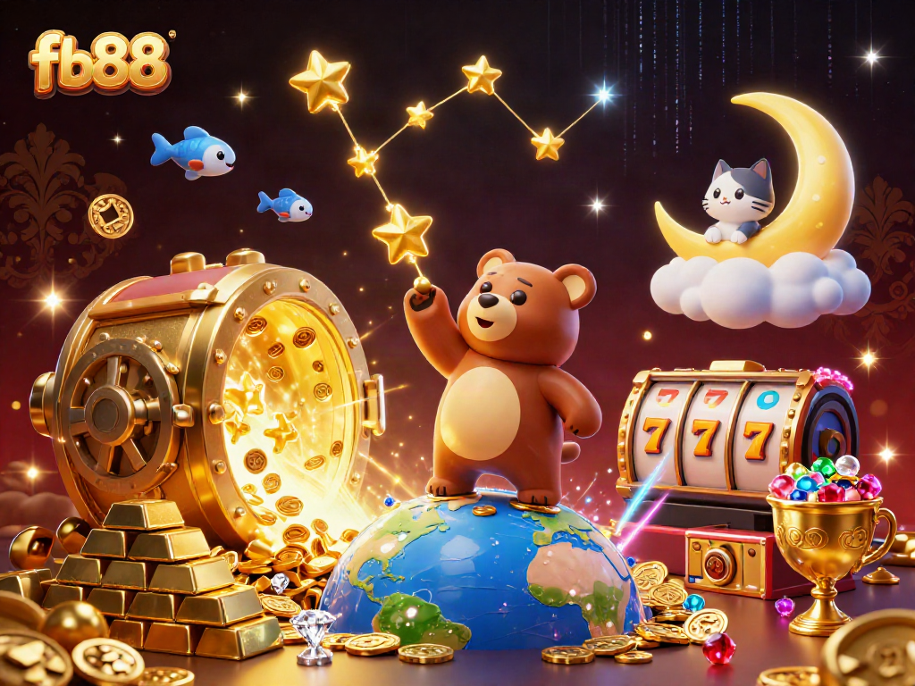 Engage with fb88's captivating casino experience through this vibrant illustration showcasing a treasure-filled scene.