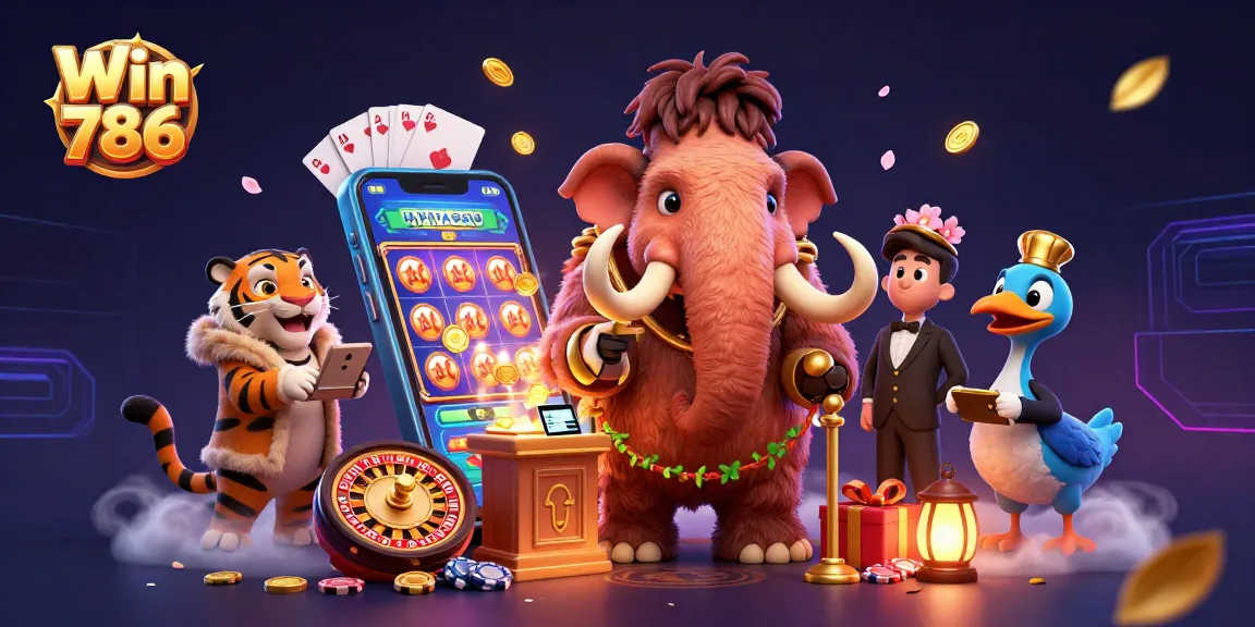 Engaging illustration of Win 786's vibrant casino bouncer, featuring dynamic game elements and lively characters.