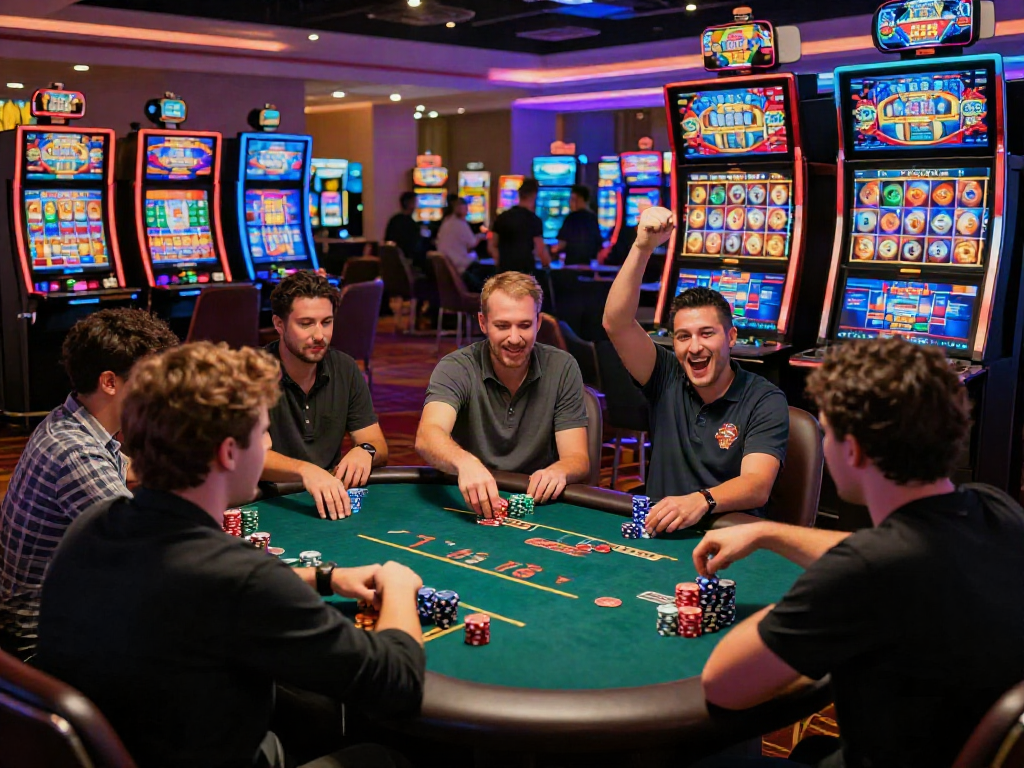 Akujp online gaming scene featuring players celebrating victories at vibrant casino tables.