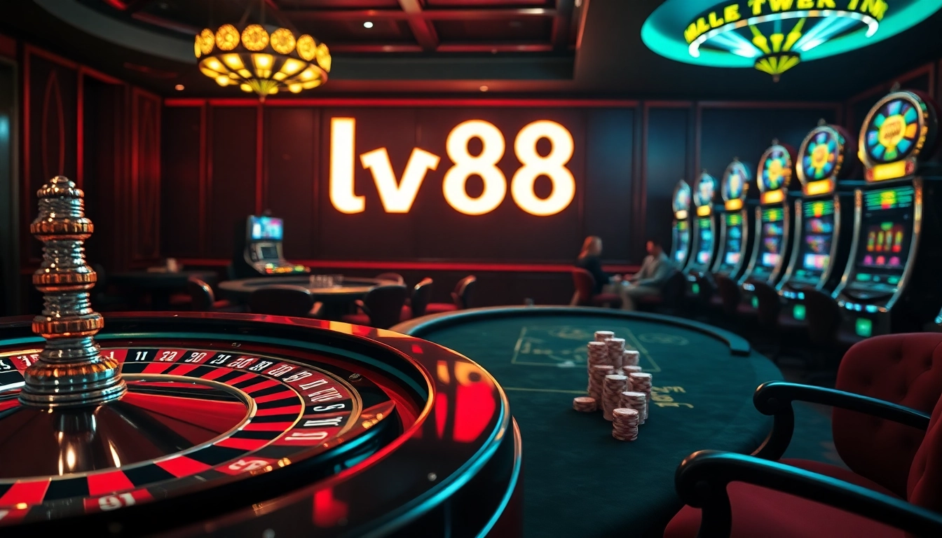 Experience the excitement of gambling at lv88 casino with poker chips and a lively atmosphere.