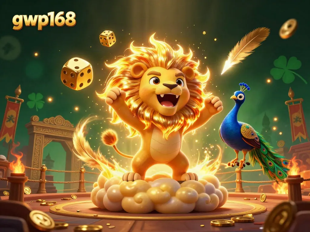 Mengalami permainan seru di gwp168 dengan gambar singa matahari 3D dan dadu emas yang bergerak penuh aksi.