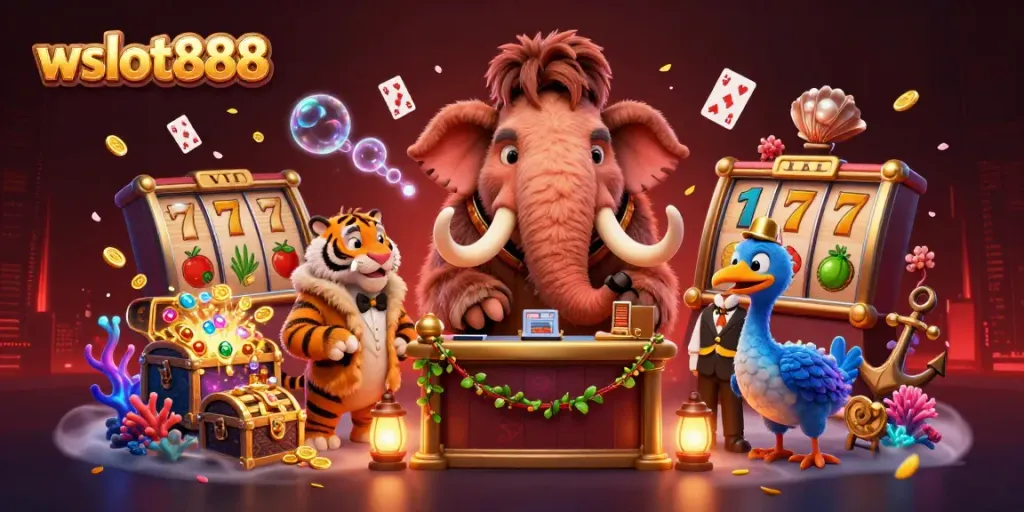 Visualisasi wslot888 dengan mammoth penjaga, harimau VIP, dan burung dodo di depan kasino itu mewah