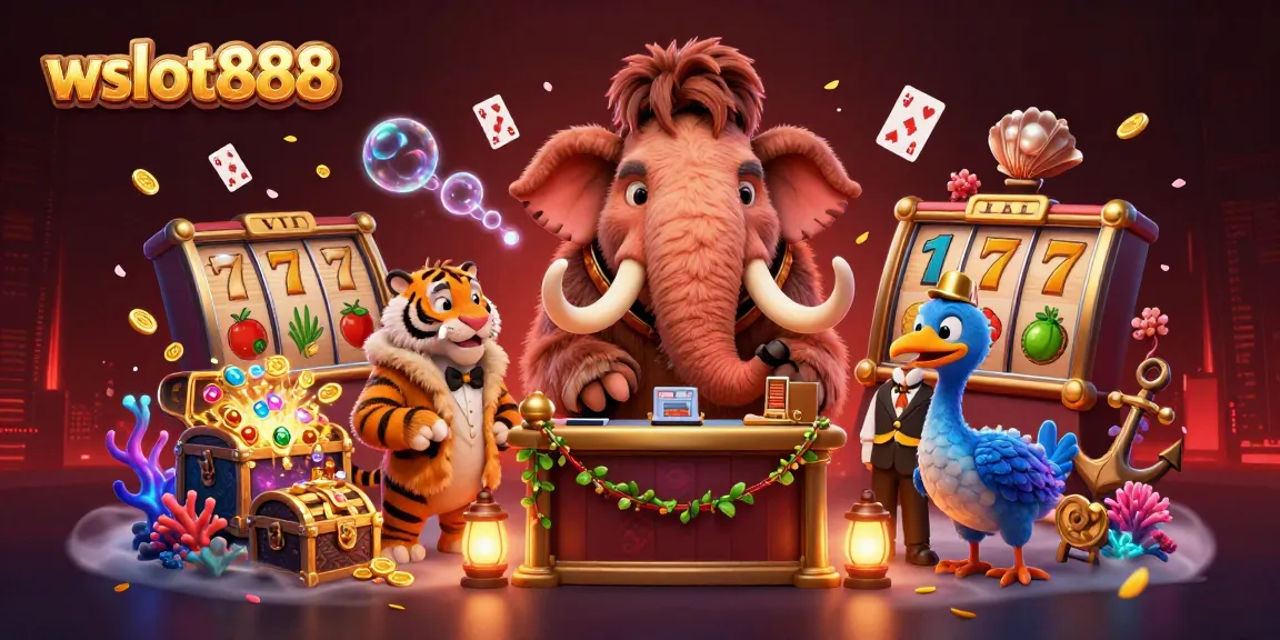 Visualisasi wslot888 dengan mammoth penjaga, harimau VIP, dan burung dodo di depan kasino itu mewah