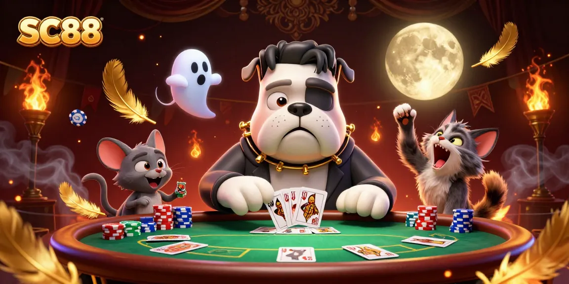 Experience thrilling poker action with SC88 as characters engage at a spooky casino table.