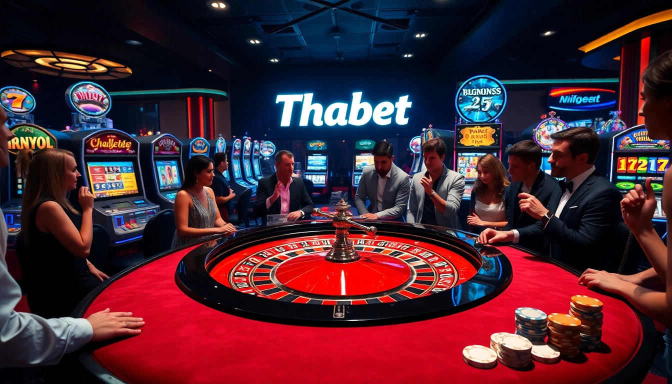 Thrilling gamblers playing at Thabet's luxurious casino with roulette and slot machines.