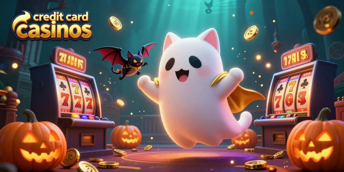 Experience the excitement of credit card casinos with a ghost cat and a golden bat in a dynamic slot scene.