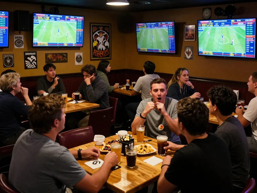 Sports betting enthusiasts analyzing kèo nhà cái in a lively bar atmosphere while placing bets.