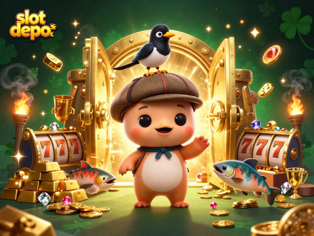 Spin to win with slot depo 5k in a vibrant 3D carnival scene featuring playful Nessie.