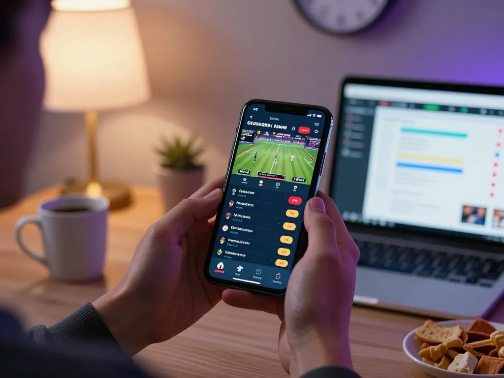 SBOBET mobile app showcasing live sports betting odds in a cozy home gaming environment.