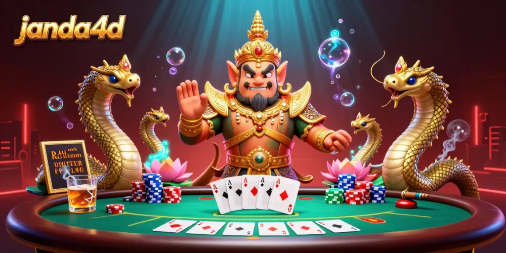 Gambarkan keseruan bermain poker di janda4d dengan penjaga kuil Thai dan naga berkilau.