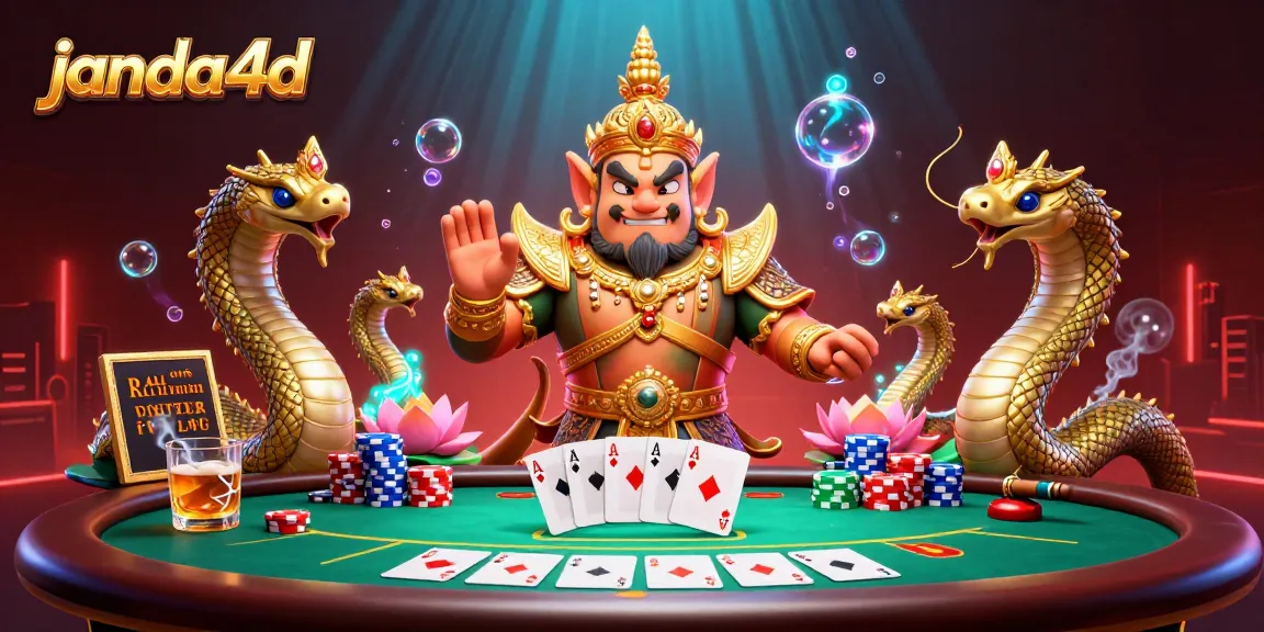 Gambarkan keseruan bermain poker di janda4d dengan penjaga kuil Thai dan naga berkilau.