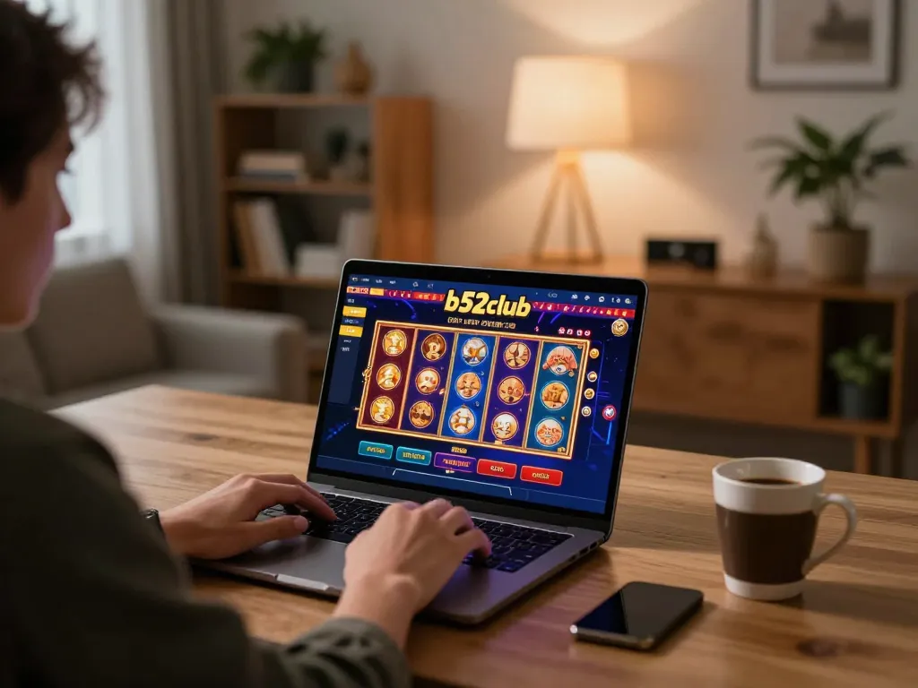 B52club player engaging with online casino games on a laptop, displaying vibrant graphics and a cozy home setting.