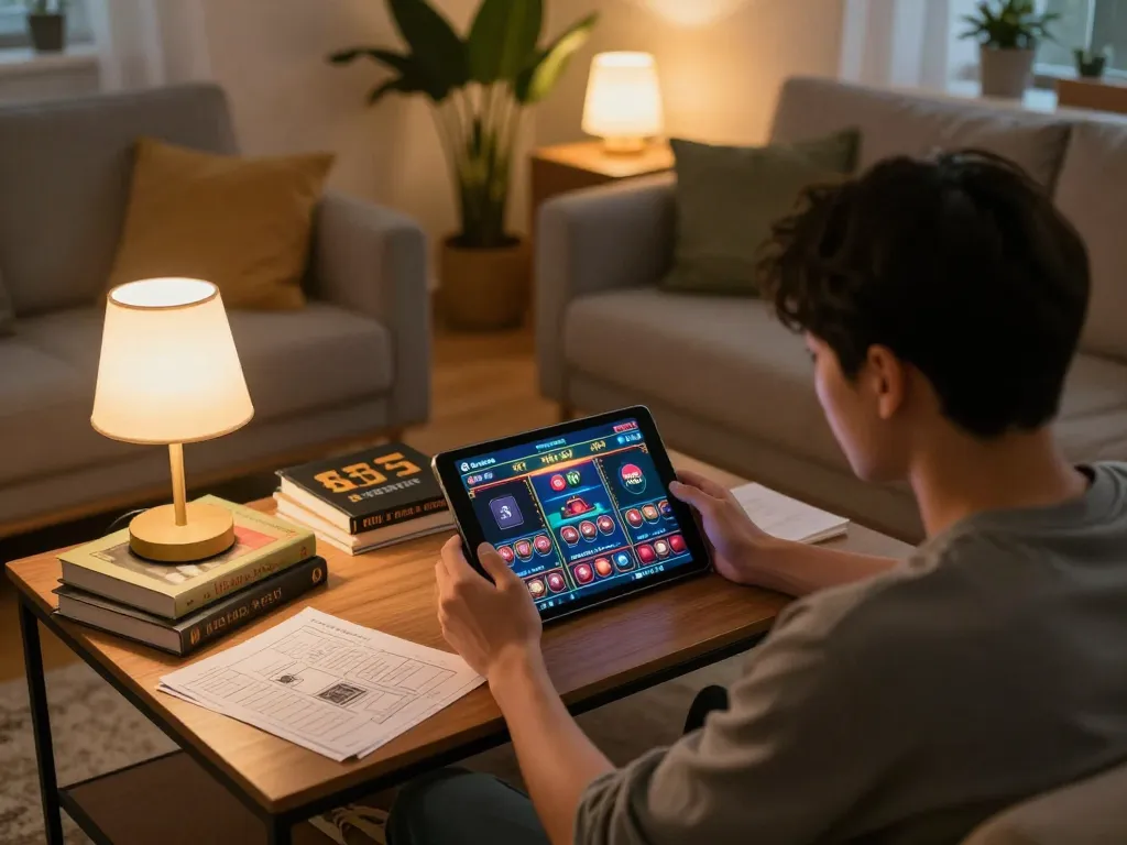 Player enjoying f8betlv games on tablet in a cozy living room, with strategic notes nearby
