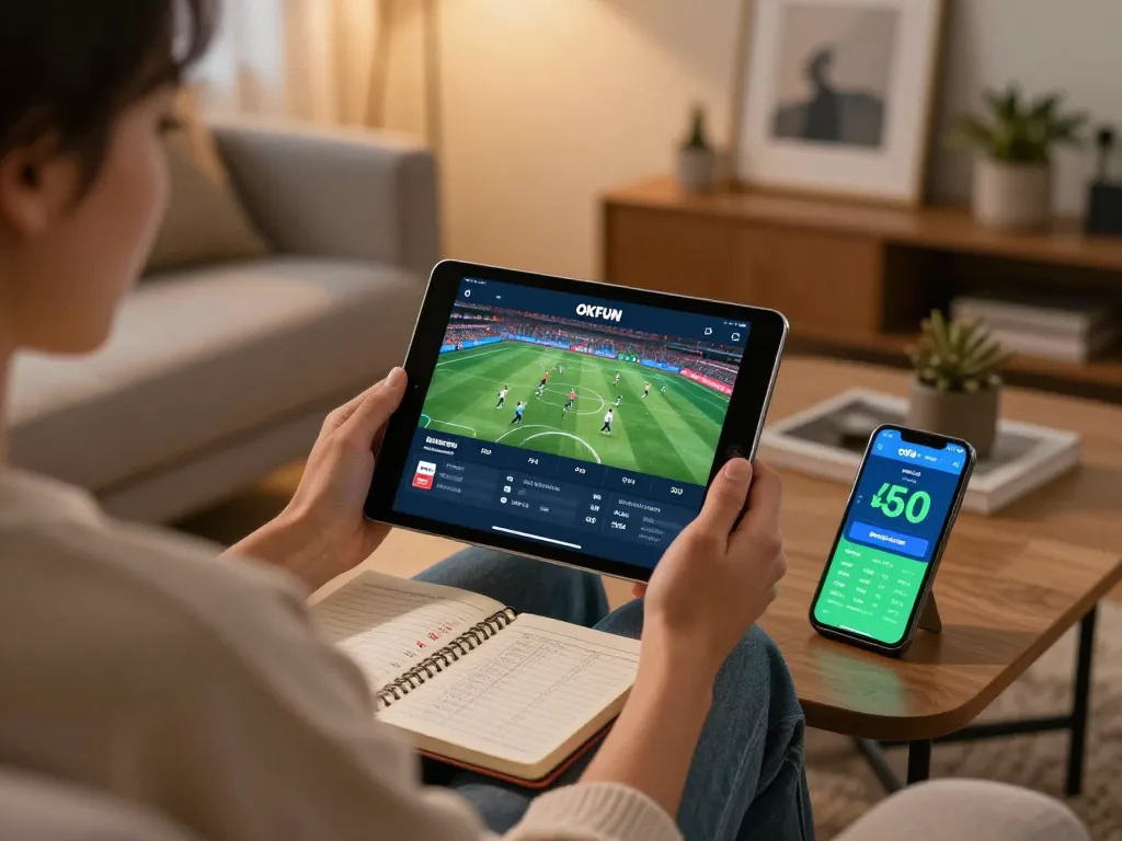 Engaging in online sports betting on OKFUN platform within a cozy home setting.
