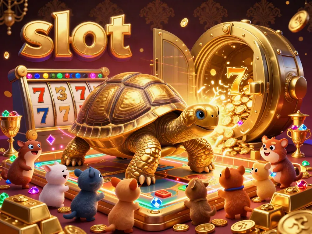Experience exciting slot action with a colossal 3D tortoise pinball machine amidst treasures and eager players.