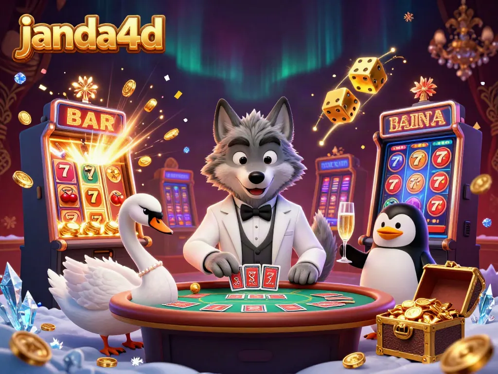 Janda4d menghadirkan ilustrasi kasino dengan karakter kartun 3D bermain baccarat dan mesin slot berkilau.