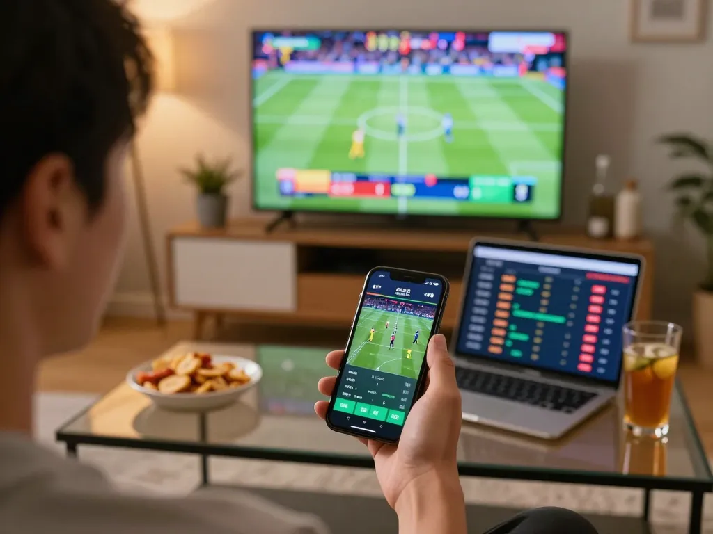 Placing bets on MAY88 during live sports event at home with smartphone