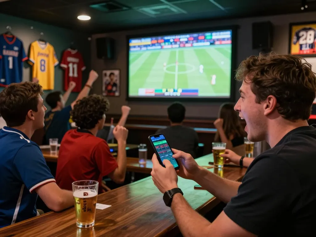 Excited bettor using 8xbet app while watching live sports in a lively bar environment.