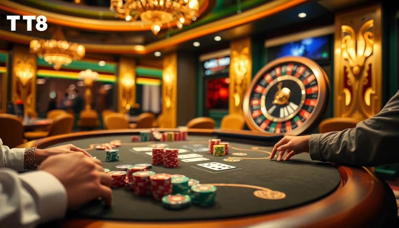 Engaging scene at TT88 showcasing exciting casino gameplay with poker chips and roulette.