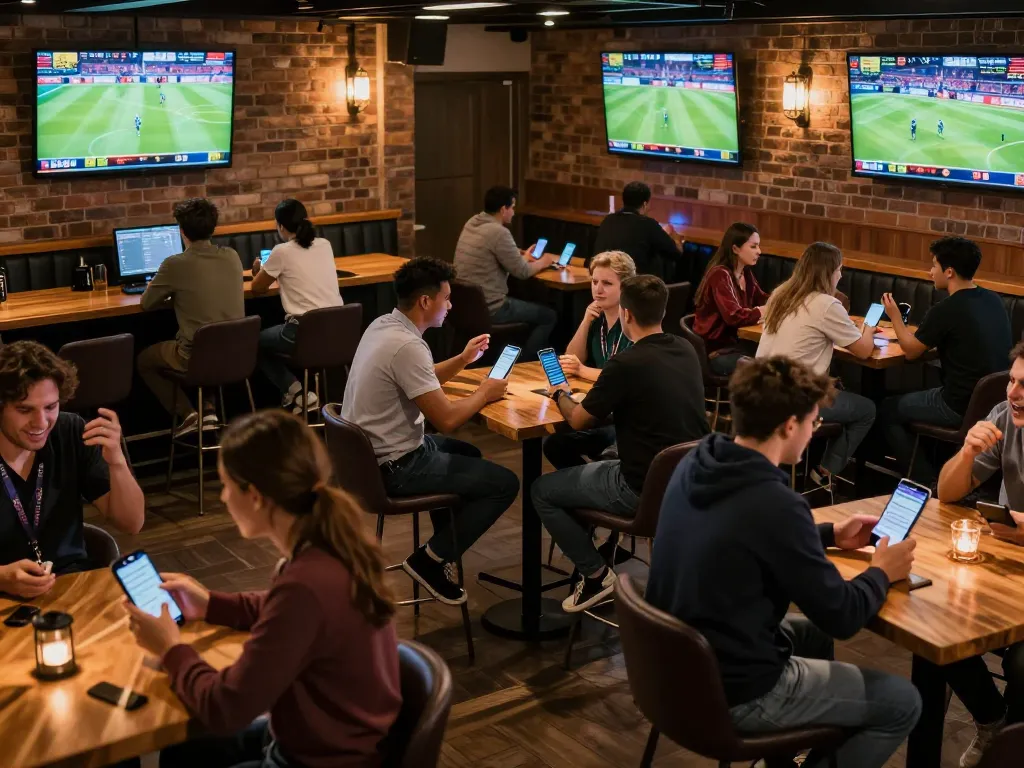 Engaging in live sports betting with m113 app at a lively bar, excited patrons celebrating their wagers.