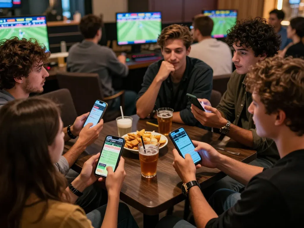 Friends engaging in live sports betting action with Rikvip app on smartphones and anticipation in the atmosphere.