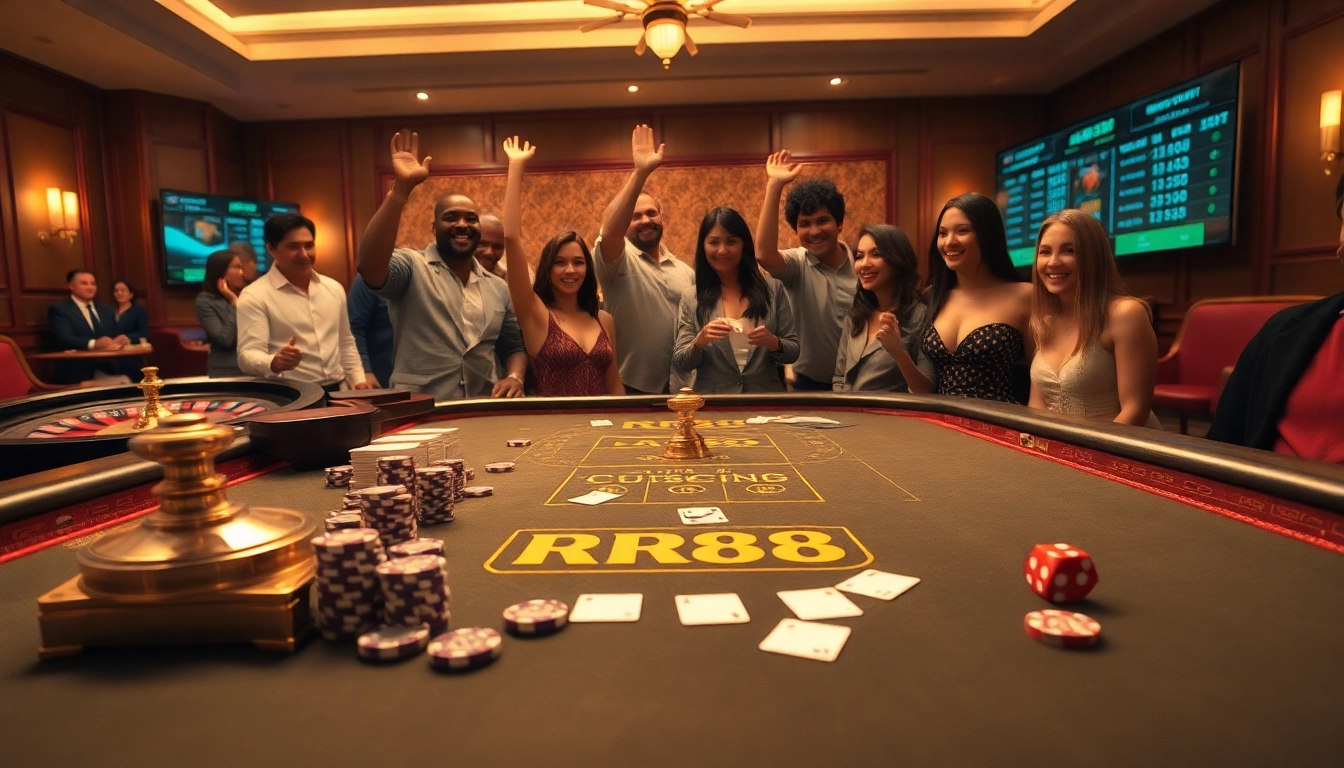 RR88 gaming table with poker chips and cards, showcasing thrilling online gambling action.