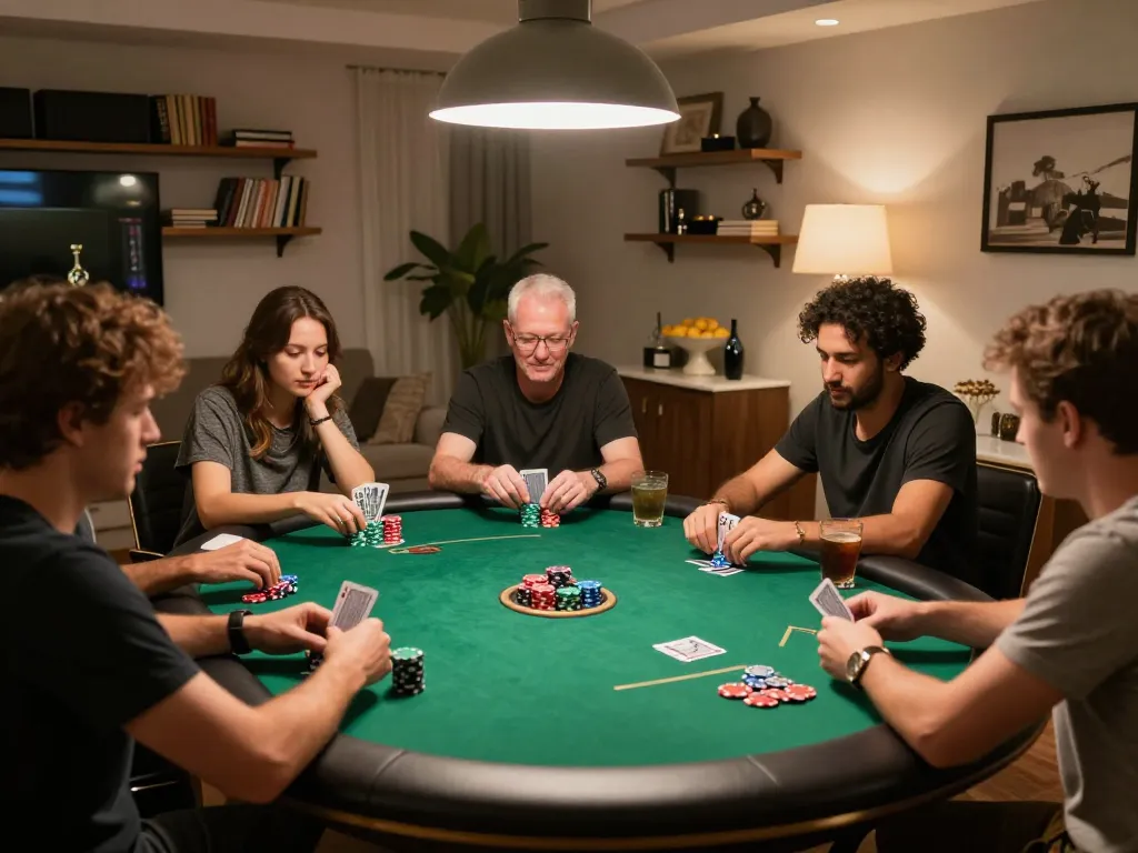 Pemain yang terlibat memikirkan strategi dalam malam poker yang ramah, menampilkan permainan bandar togel yang dinamis.