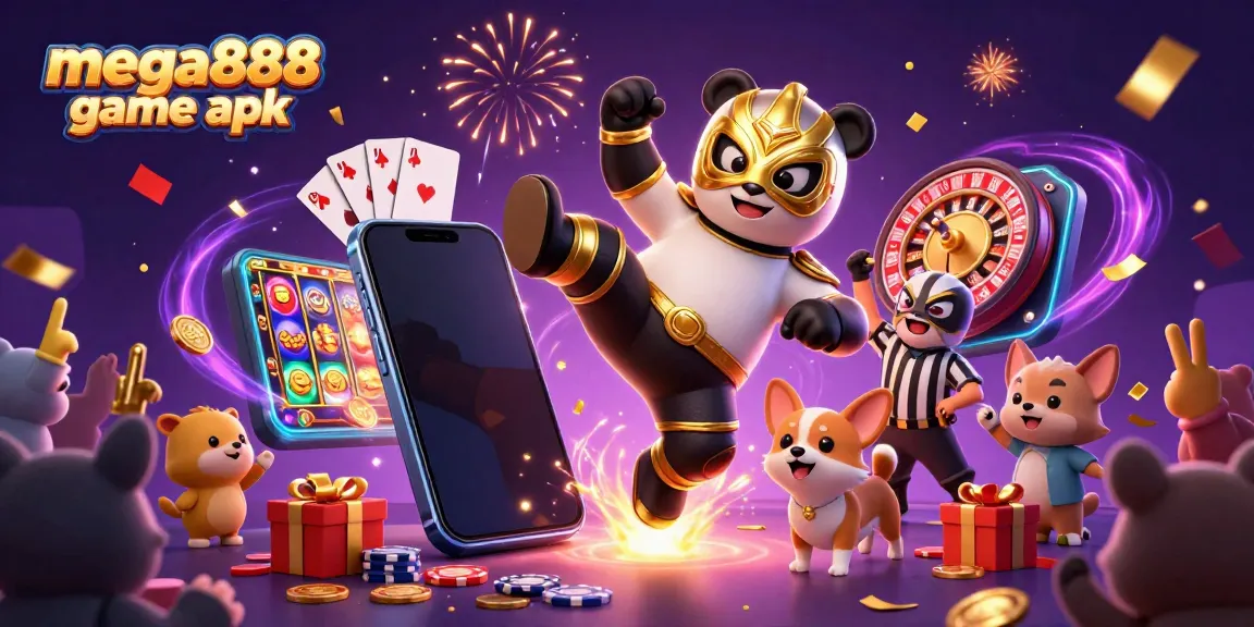 Engage in the mega888 game apk with a vibrant casino scene featuring charismatic characters and dynamic game elements.
