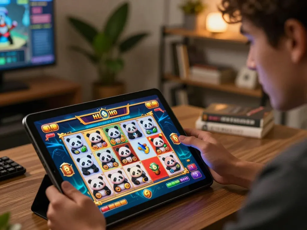 Permainan slot Panda Win dalam aksi di layar tablet yang cerah, menyoroti pengalaman bermain yang menarik.