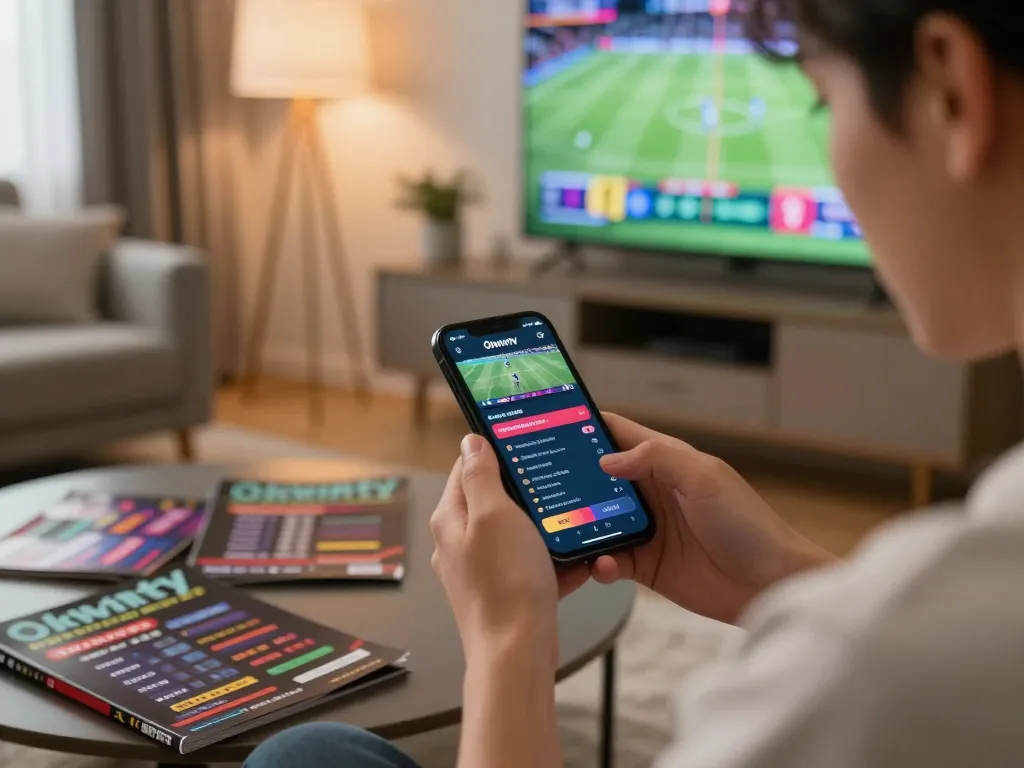 Person placing bets on Okwintv mobile app, showcasing live sports betting excitement in a cozy home