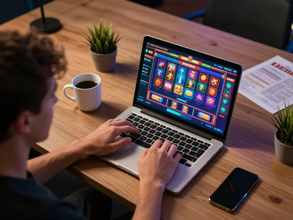 Experience online slots at https://tg88.cash/ with a player engaged in their gaming setup.