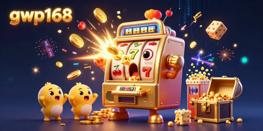 Mesin slot emas gwp168 merayakan jackpot besar dengan koin berhamburan, dikelilingi mesin slot kecil dan mesin popcorn.