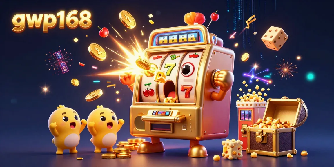 Mesin slot emas gwp168 merayakan jackpot besar dengan koin berhamburan, dikelilingi mesin slot kecil dan mesin popcorn.