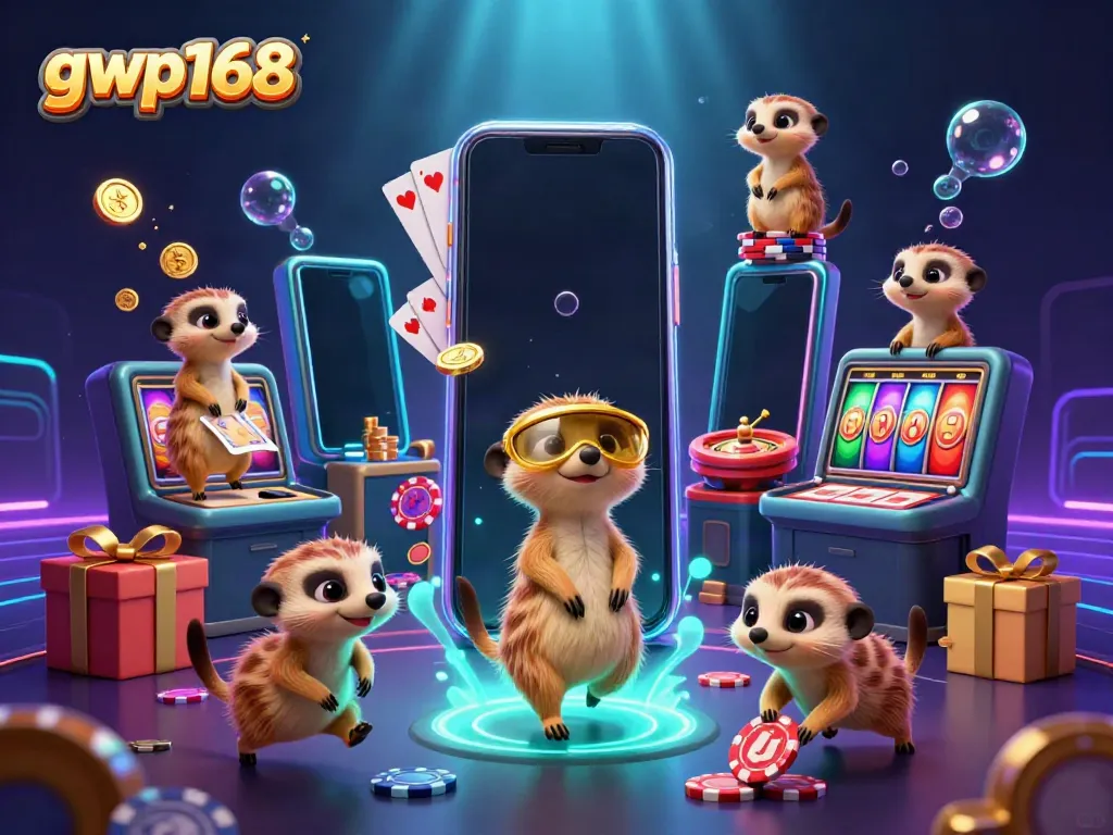 GWP168 menyajikan kasino online dengan karakter meerkat, chip, dan permainan slot yang ceria.