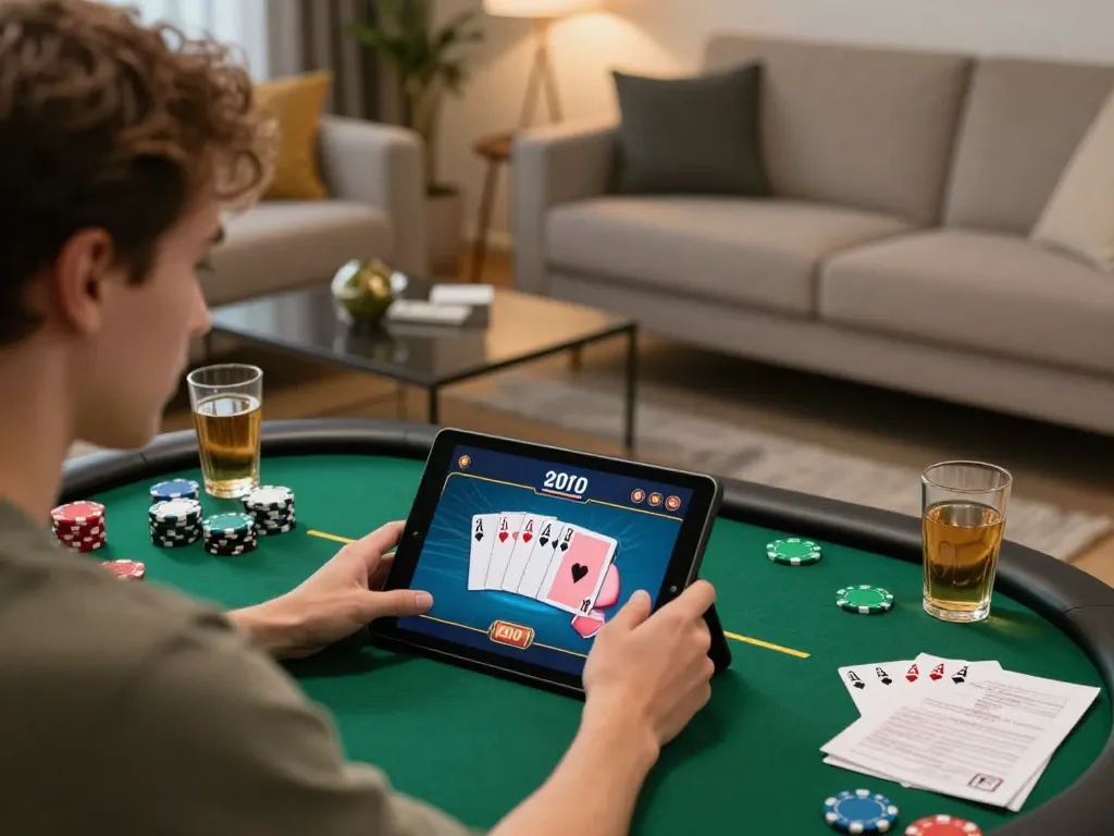 Engaging in poker gameplay on Fokus777's online platform with a cozy home setup.