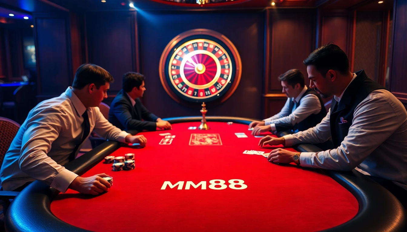 Players engage in a high-stakes poker game at MM88's vibrant casino table with chips and cards.
