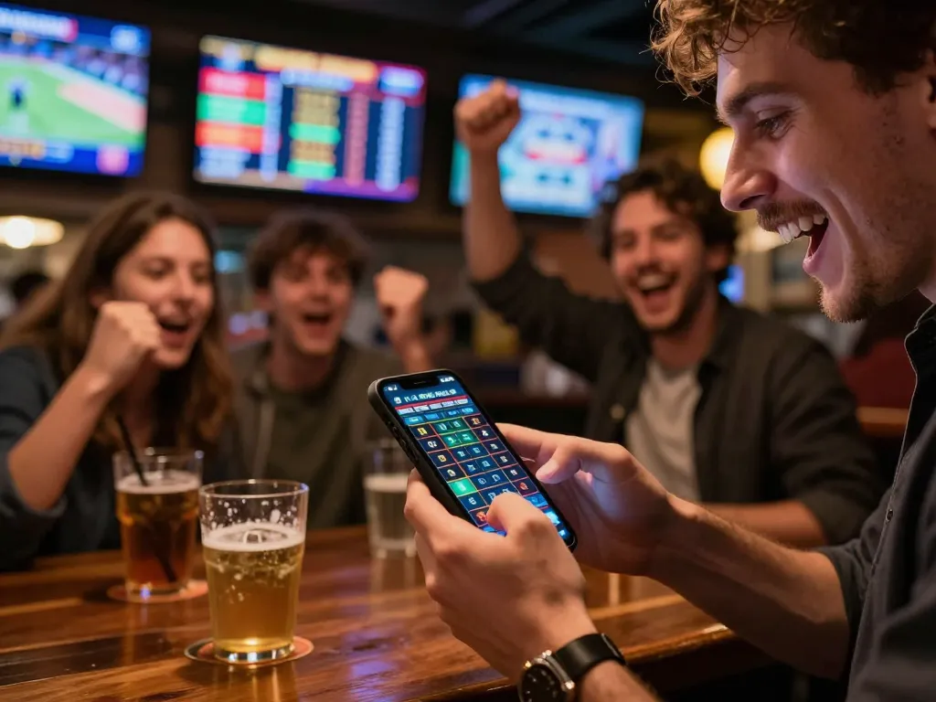 Excitedly placing bets on smartphone while enjoying a vibrant sports bar experience at link vào LUCKYWIN.