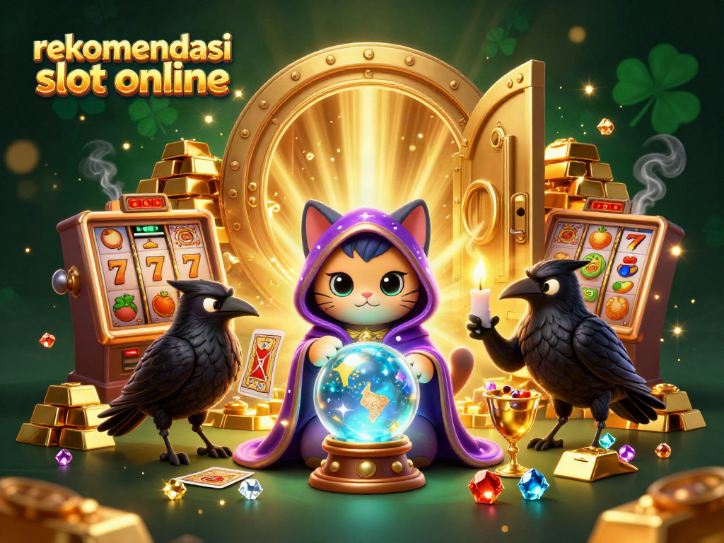 Ilustrasi slot online dengan rekomendasi slot online dari karakter kucing mistik dan burung gagak di kasino.