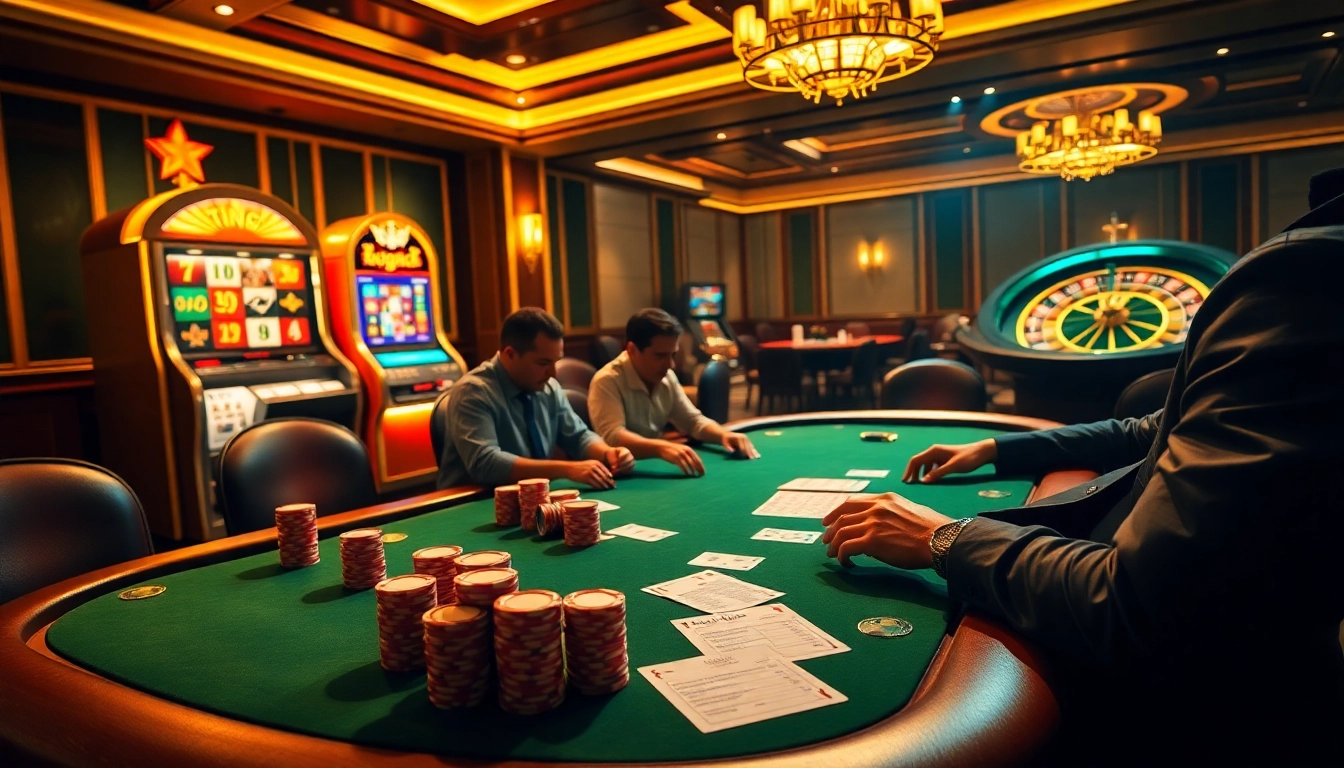 Engaging players in a Texas Hold'em poker game at a vibrant casino table highlighting king33 excitement.