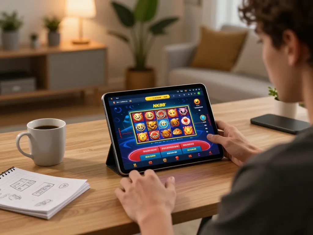 Gamer playing NK88 casino app on tablet in cozy home setting, showcasing vibrant gaming interface